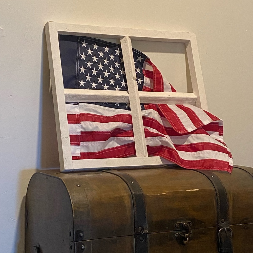 Rustic White Window Frame Wall Decor with American Flag - White
